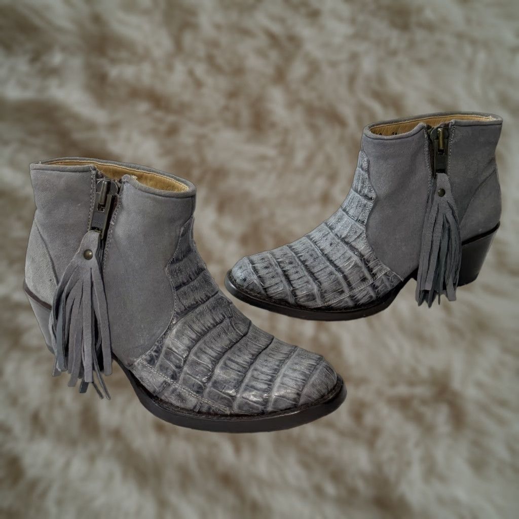 Stetson Stetson Womens Boot Gray Leather Ankle Croc Emboss Fringe Tassels Sz 7 Side Zip Leather Upper M Shaft Casual Shoes Mens Womens Girls Boys Size US 7 / IT 37 - 1 Thumbnail