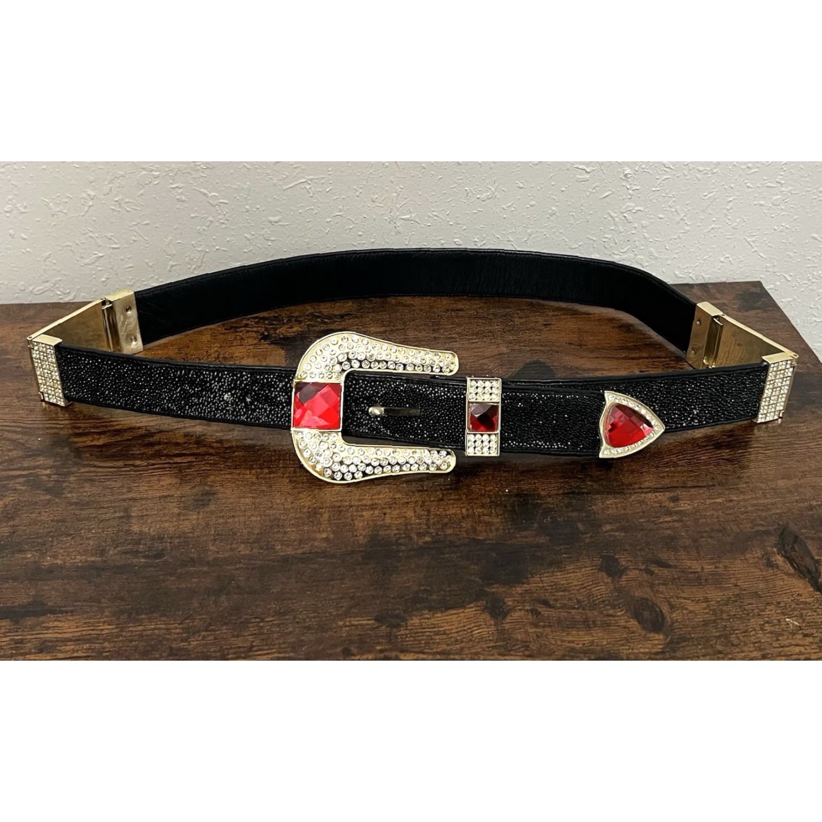 Vintage VINTAGE Los Altos Boots Belt Western Cowboy Stingray Buckle Rhinestone 36 Black Mens Buckle Bling 90s Size 36 - 5 Thumbnail