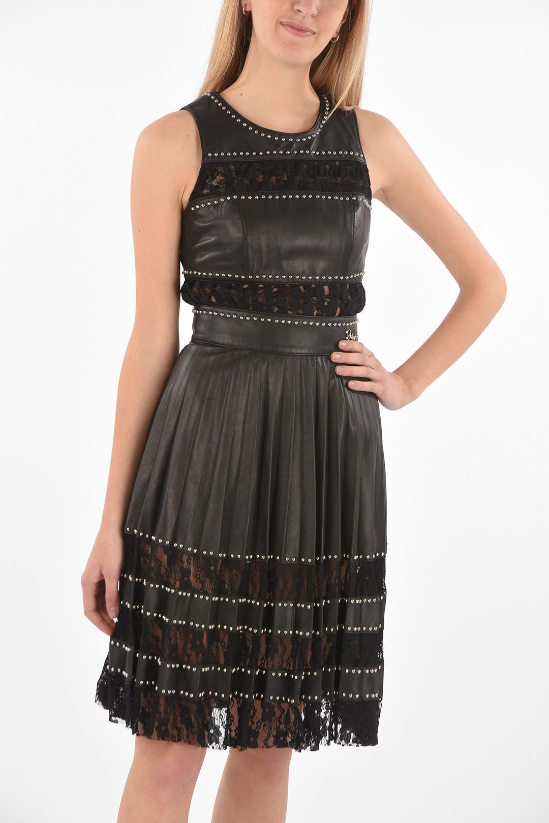 Philipp Plein og1mm0824 Studded Leather Dress With Pleated Skirt in Black Size XS / US 0-2 / IT 36-38 - 4 Thumbnail
