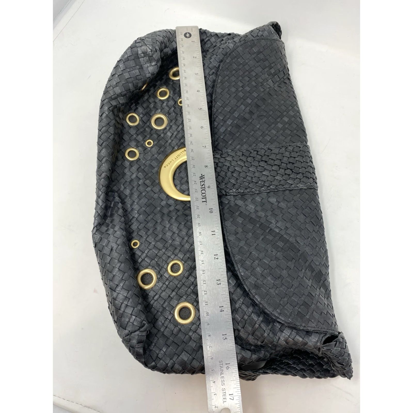 Vintage Elliott Lucca Black Leather Shoulder Bag Braided Grommet Hobo Bag Flap Medium Womens Size ONE SIZE - 4 Thumbnail