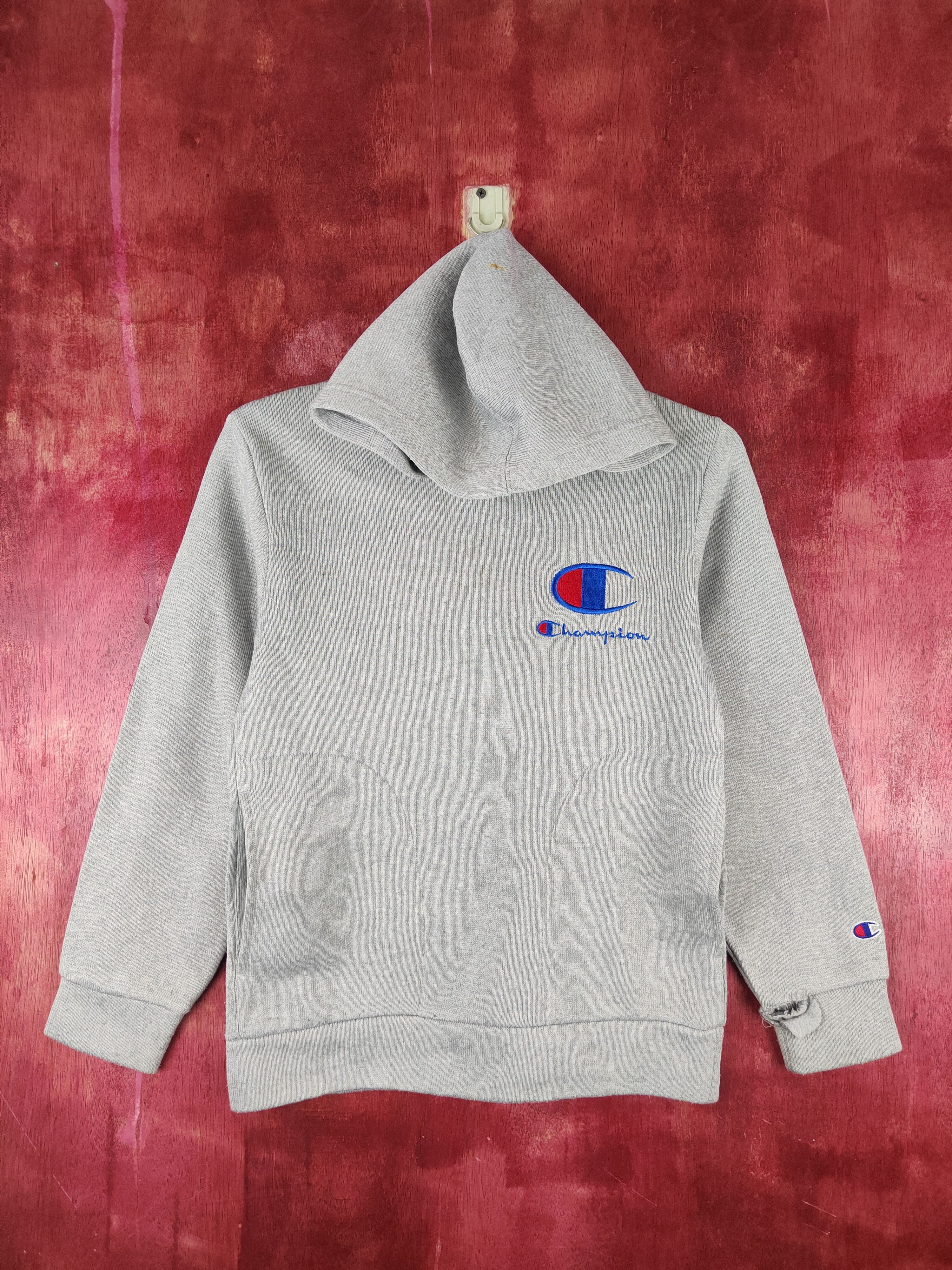 image of Champion Distressed Ripped Vintage Hoodie Sweatshirts S1556 in Light Gray, Women's (Size XS)