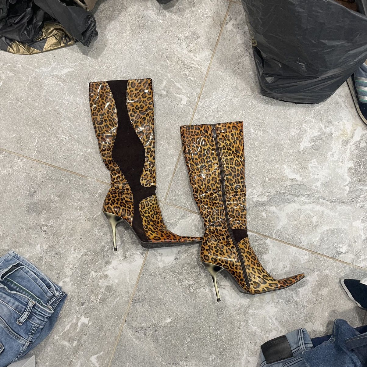 90s vintage KIM Leopard Thigh High Boots heels shoes varnish