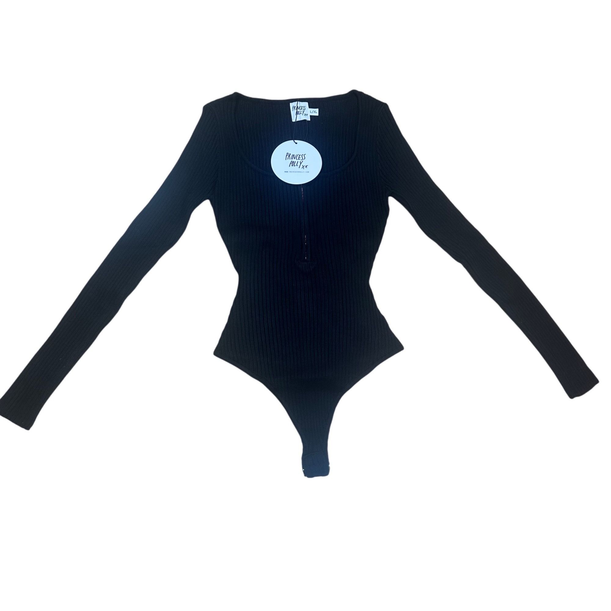 PRINCESS POLLY Princess Polly Ribbed Bodysuit Long Sleeve Black Size Large Size XL / US 12-14 / IT 48-50 - 3 Thumbnail
