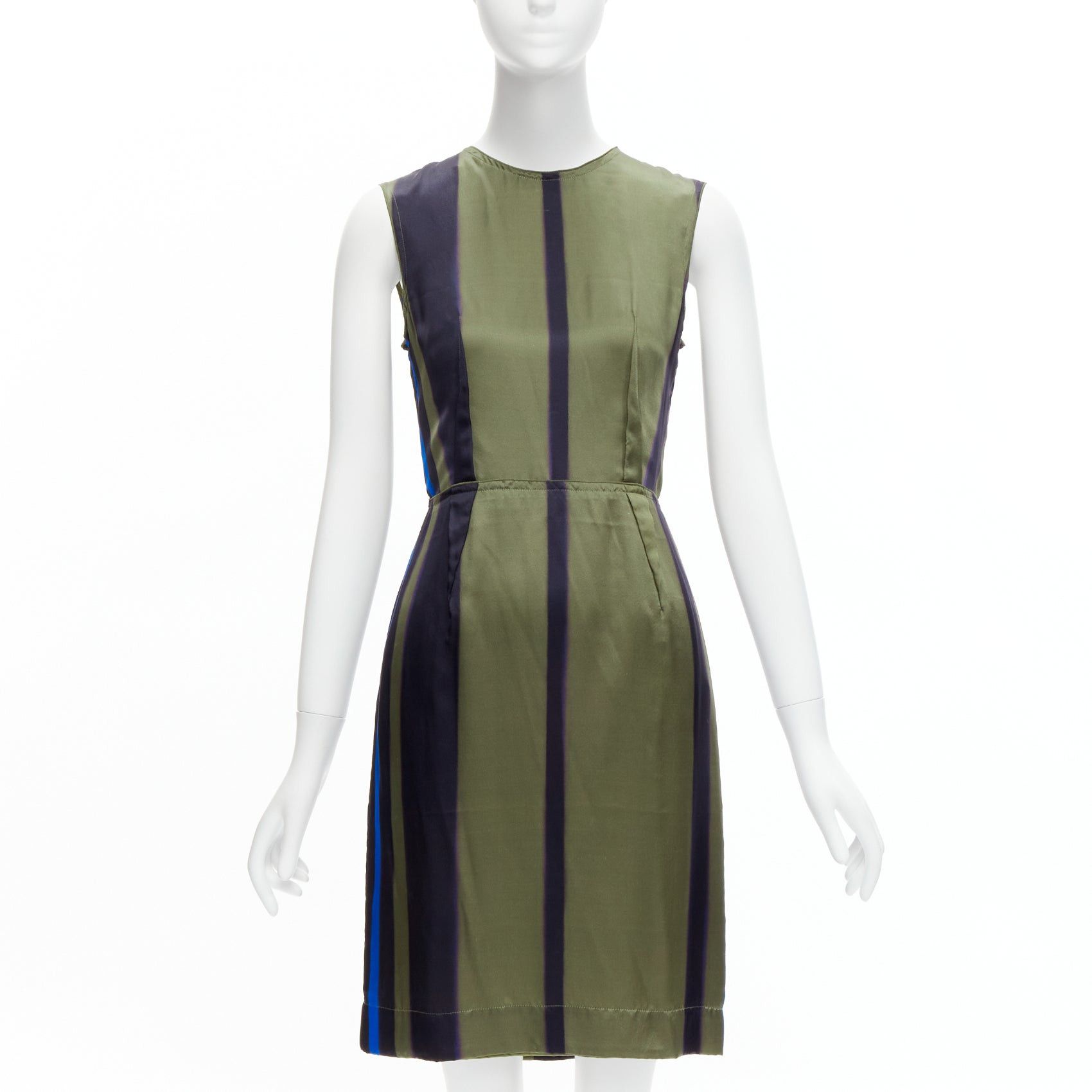 image of Lanvin 100% Silk Khaki Blue Abstract Invert Darts Dress Fr36 S, Women's (Size XS)