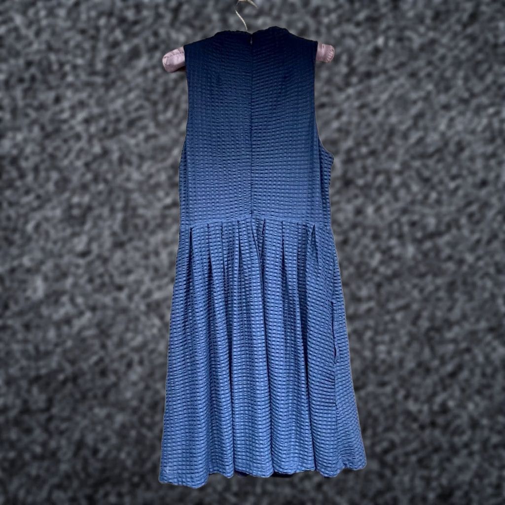 Anthropologie Deletta Dress Cosgrove Blue Fit & Flare Sleeveless High Neck Large Womens Knee Length Dress Textured Nylon Spandex Lined Size L / US 10 / IT 46 - 1 Thumbnail