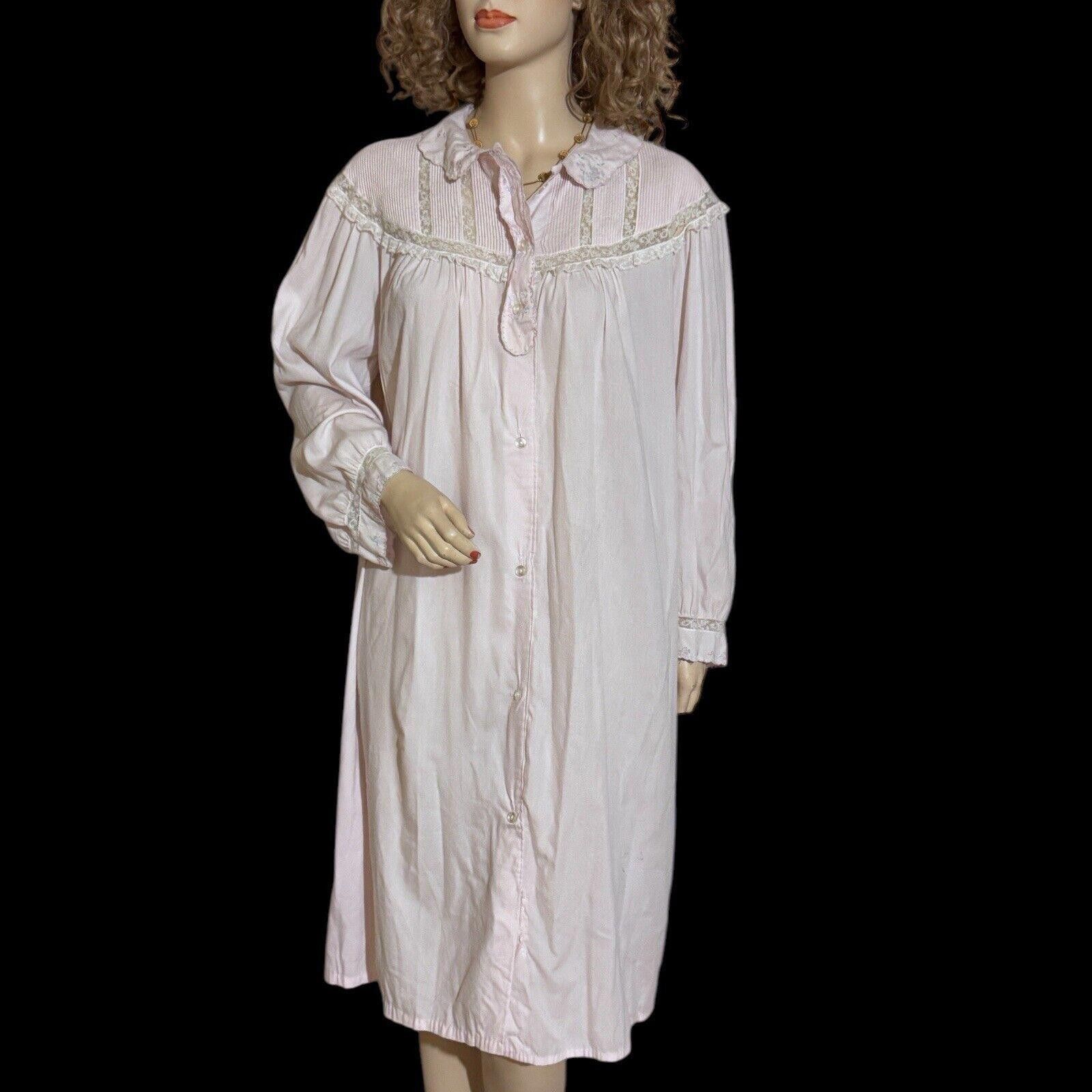 Designer Vtg Pink Barbizon Flannel Pin Tucked Button Up Nightgown L Size ONE SIZE - 2 Thumbnail