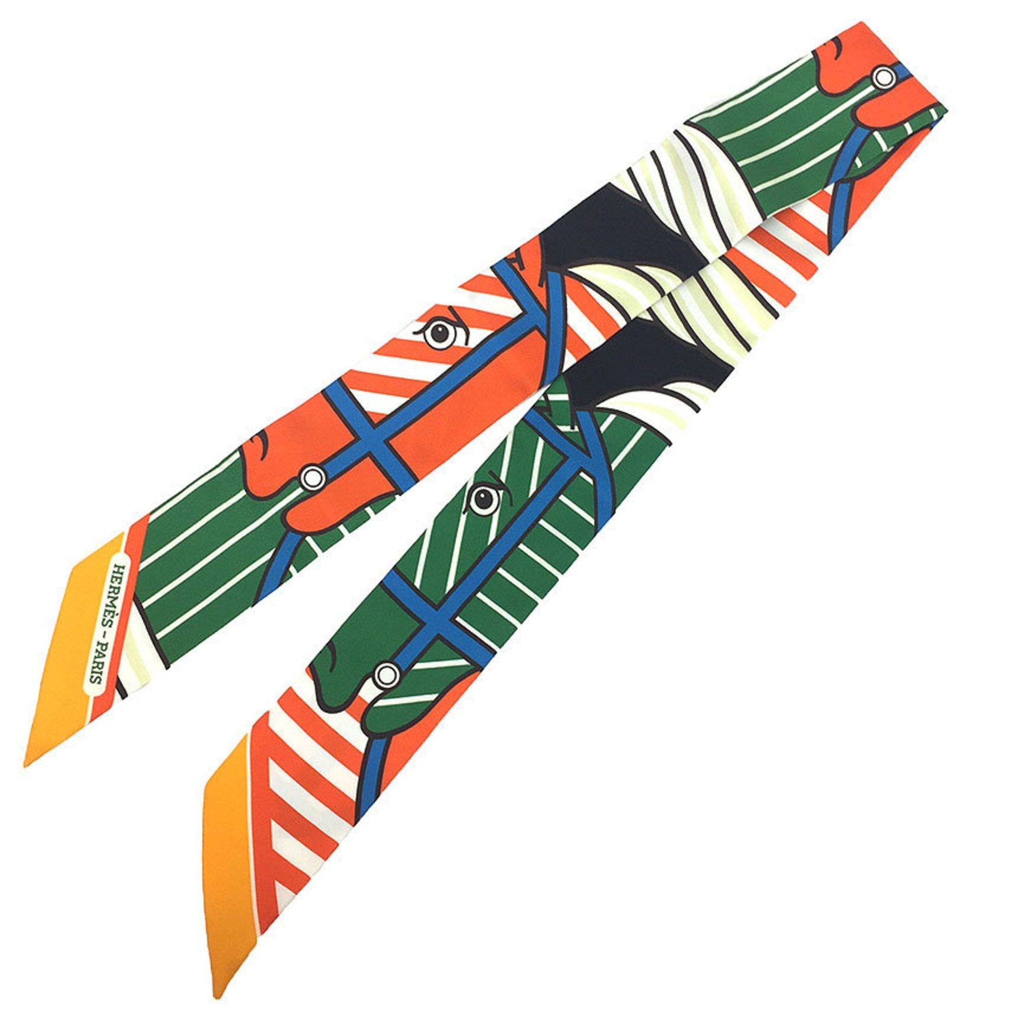 image of Hermes Twilly Scarf Muffler Quadrige Bayadere 2019Ss Horse Print Orange/green 100% Silk in Black, W