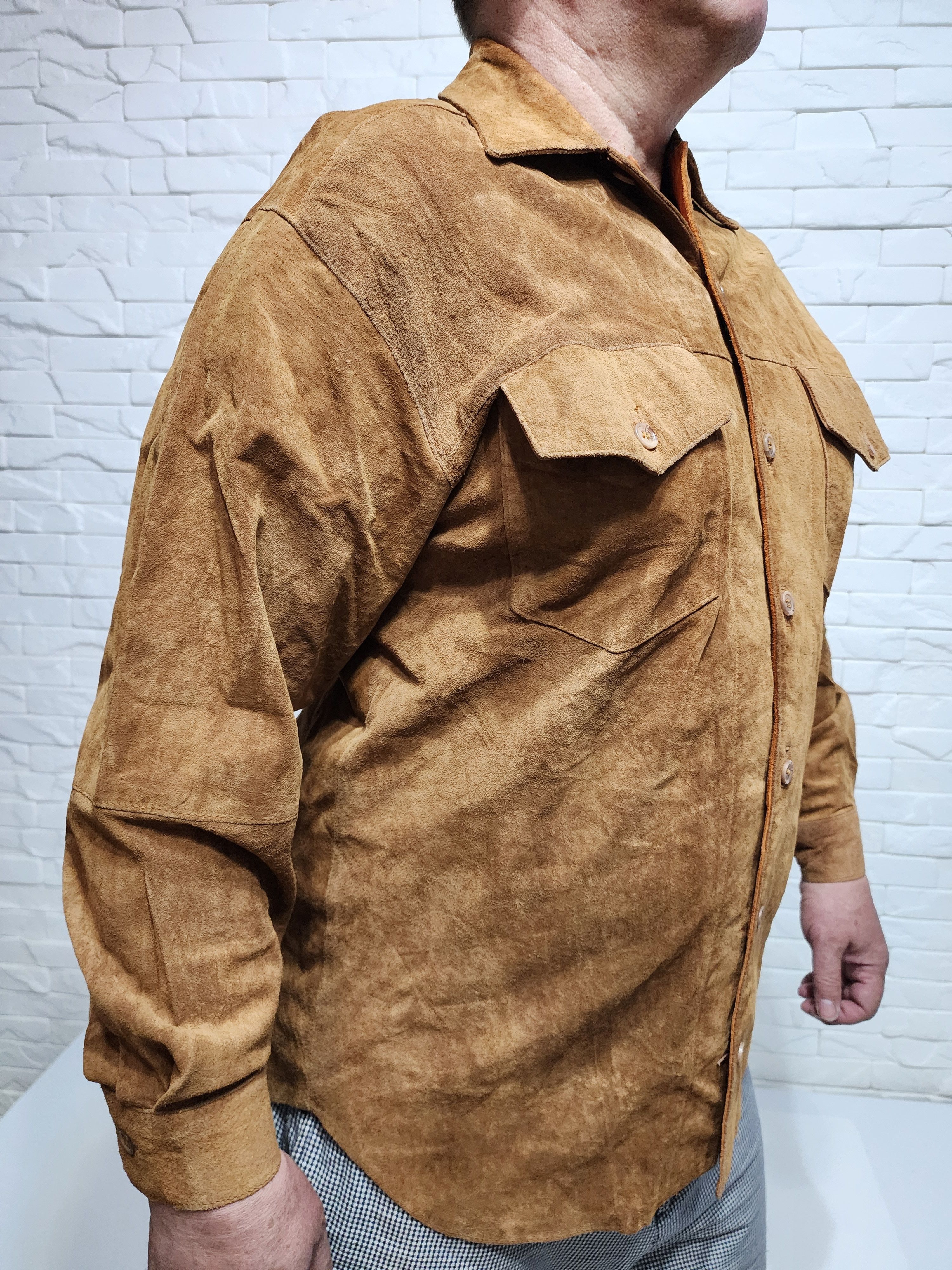 Genuine Leather Men's leather shirt with plastic buttons. Size US L / EU 52-54 / 3 - 2 Thumbnail