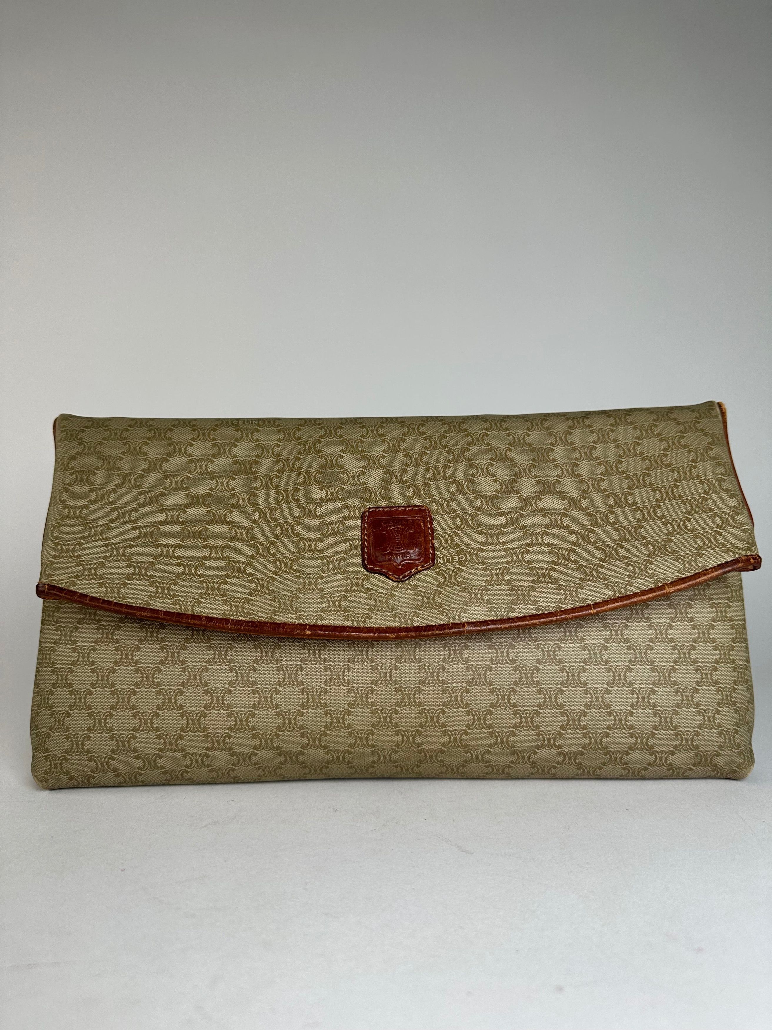 Celine Vintage Triomphe Monogram Leather Clutch Beige Brown Size ONE SIZE - 1 Thumbnail