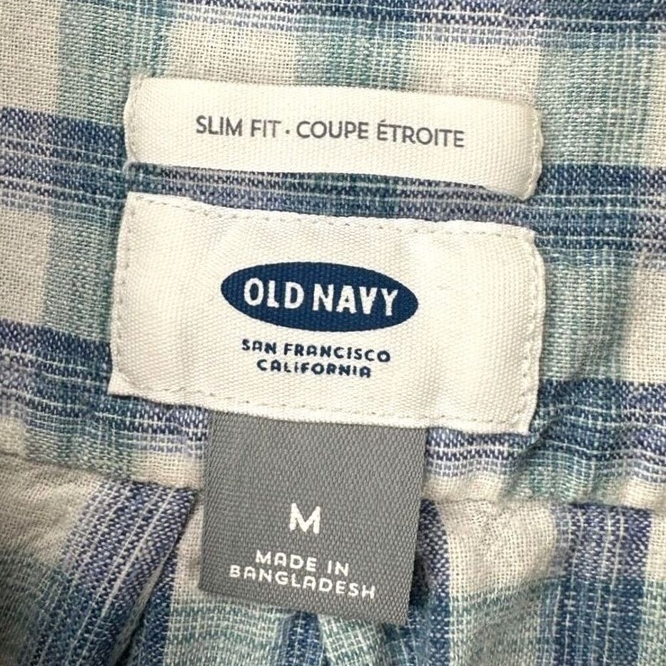 Old Navy Old Navy Button-Up Shirt Men Medium Blue Plaid Linen Blend Slim Fit Pocket Long Sleeve Size US M / EU 48-50 / 2 - 4 Thumbnail