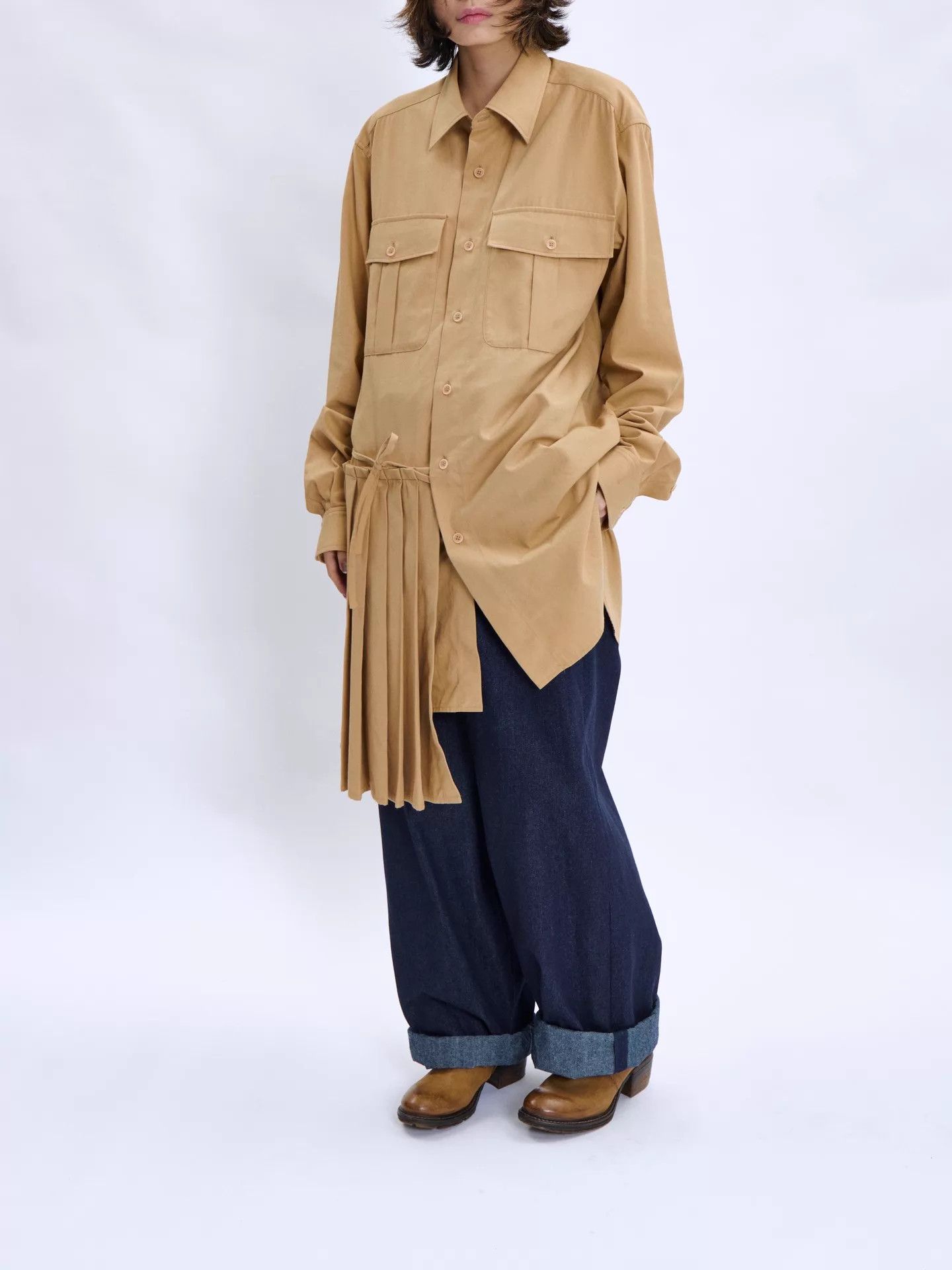 Dries Van Noten Dries Van Noten 23SS Khaki Asymmetric Pleated Shirt Size XL / US 12-14 / IT 48-50 - 1 Thumbnail