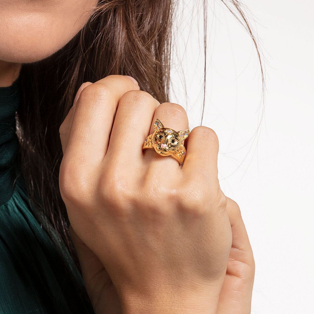 Sterling Silver SIZE 9 925 Silver Gold Plated Bohemia Cat Spring Ring Size ONE SIZE - 4 Thumbnail