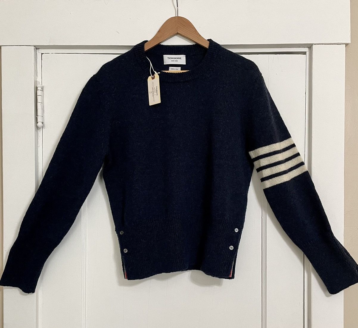 image of Thom Browne Navy Shetland Wool Crewneck 4-Bar, Men's (Size 2XL)