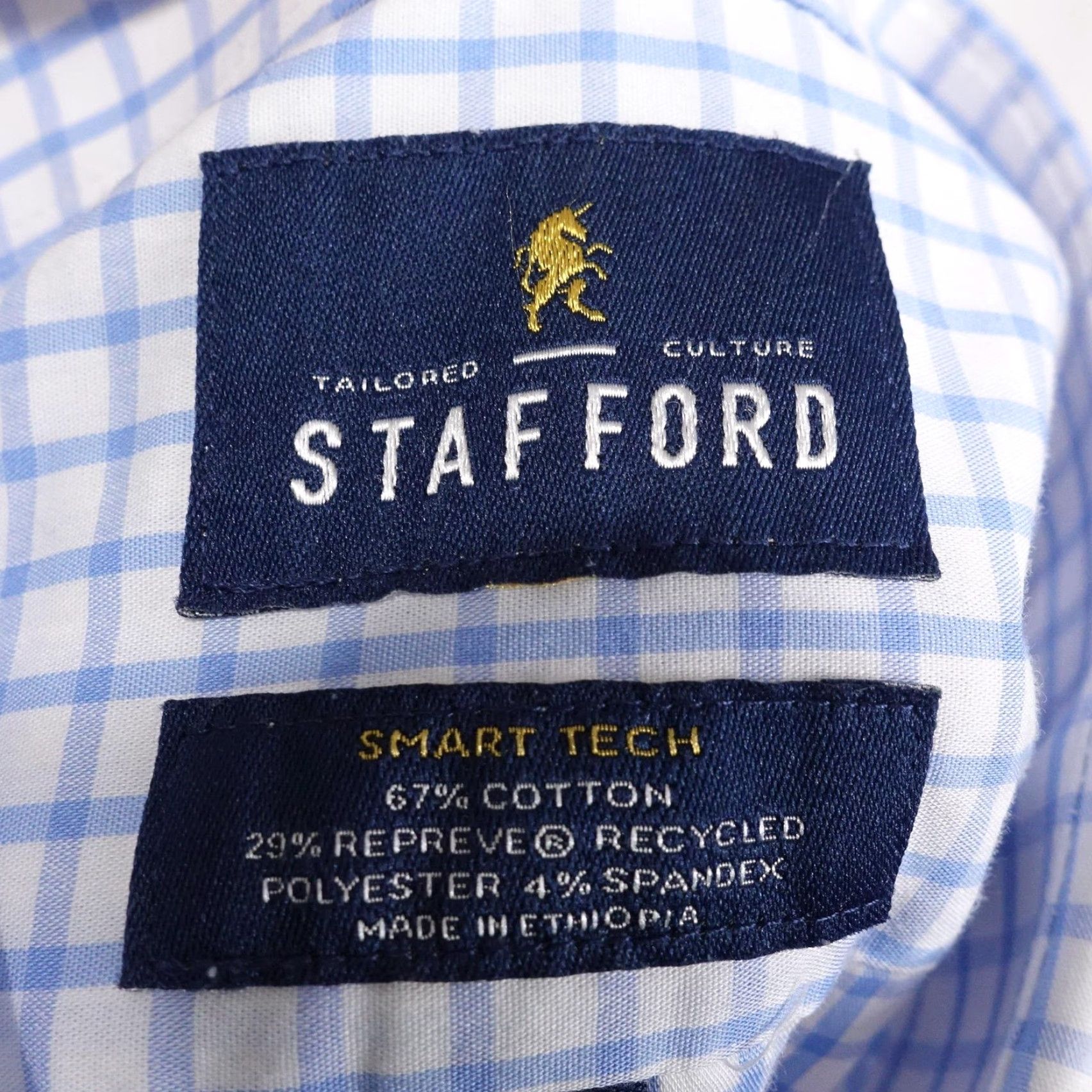 Stafford Stafford Dress Shirt Mens M 15-15.5 32/33 Blue Check Regular Fit Button-Down Collar Stretch Smart Tech Size 40R - 6 Thumbnail