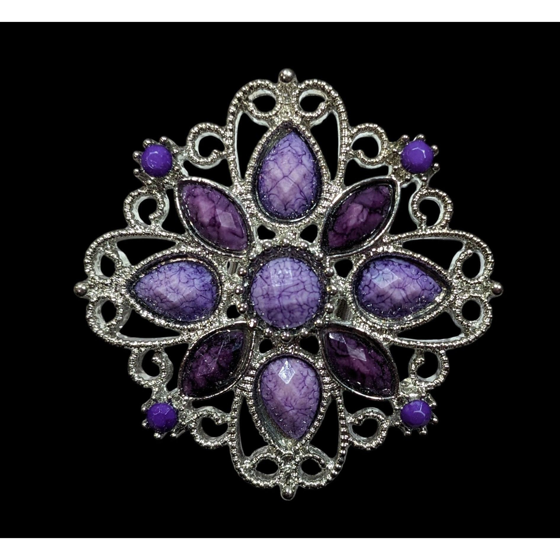 Other Fantasy Chunky Floral Silver Tone Ring With Purple Stones Ad Size ONE SIZE - 1 Thumbnail