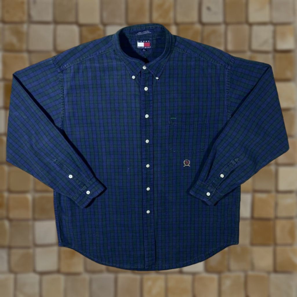 Tommy Hilfiger VINTAGE Tommy Hilfiger Shirt Button-Down XL Multicoloured Navy Green Tartan Check Crest Logo Long Sleeve Bedigi? Size US XL / EU 56 / 4 - 1 Thumbnail