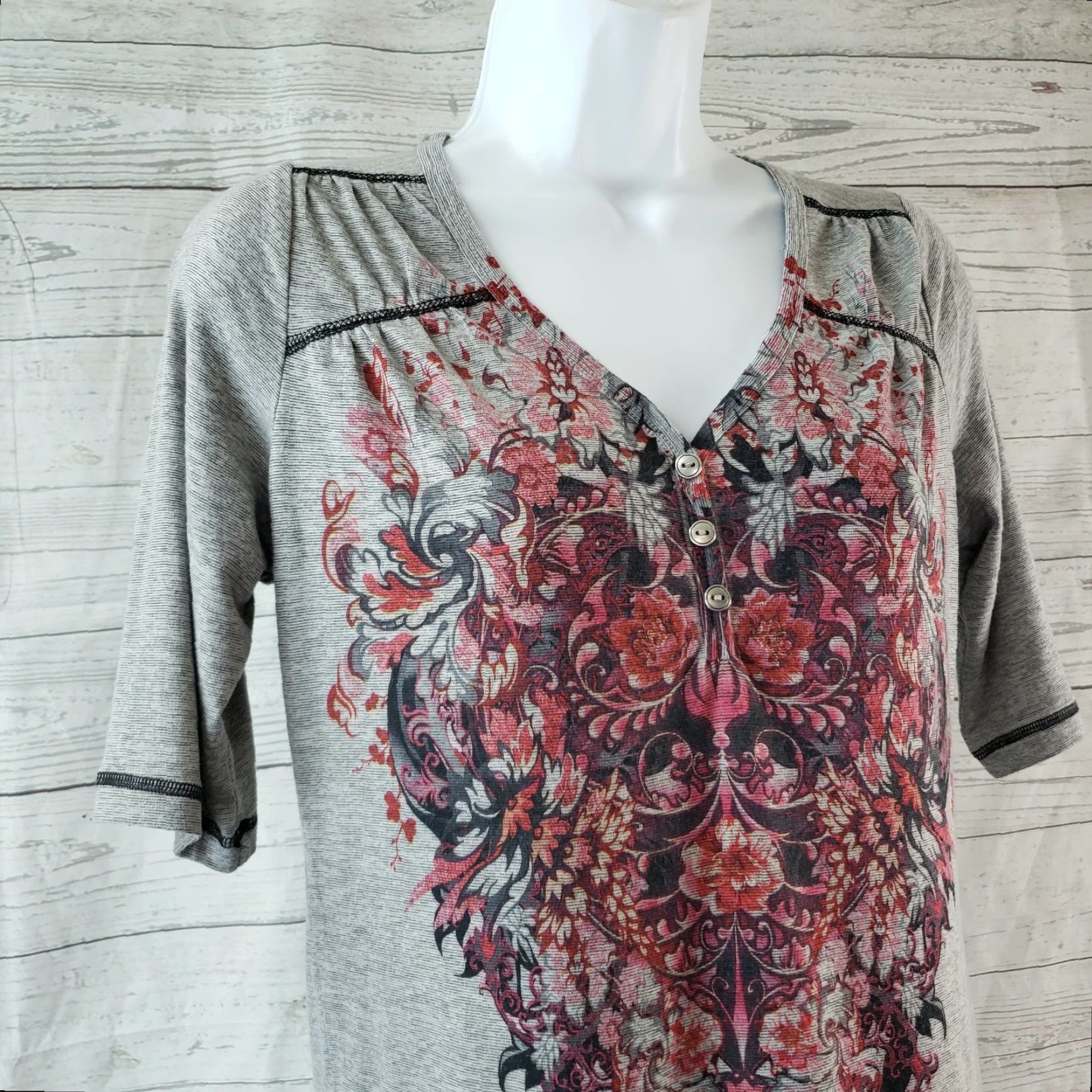 Vintage Unity World Wear Womens Top Shirt XS Small Gray Floral Half Sleeves Size S / US 4 / IT 40 - 2 Thumbnail