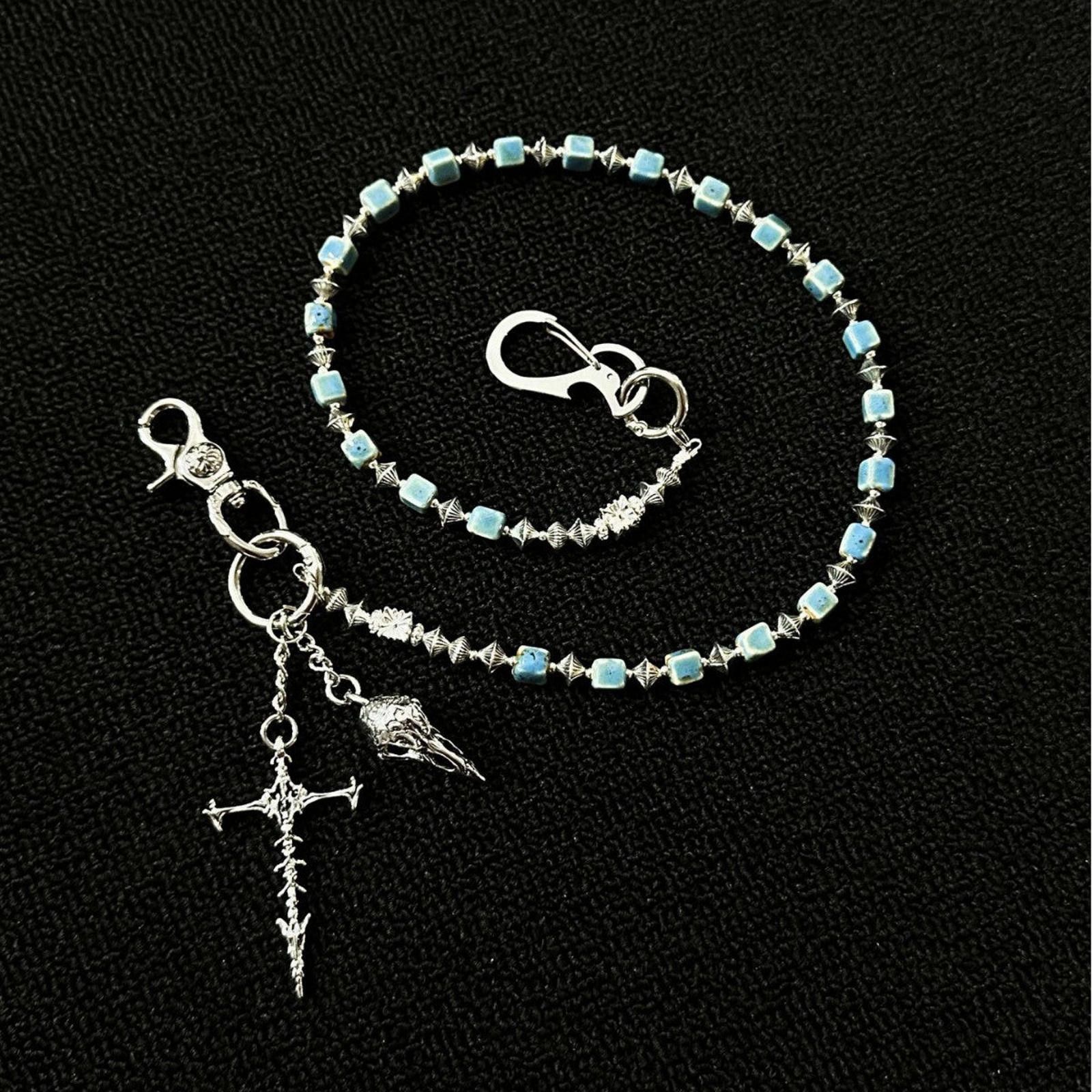 Jewelry Silver Blue Beaded Men’s Chain with Cross Pendant Size ONE SIZE - 2 Thumbnail