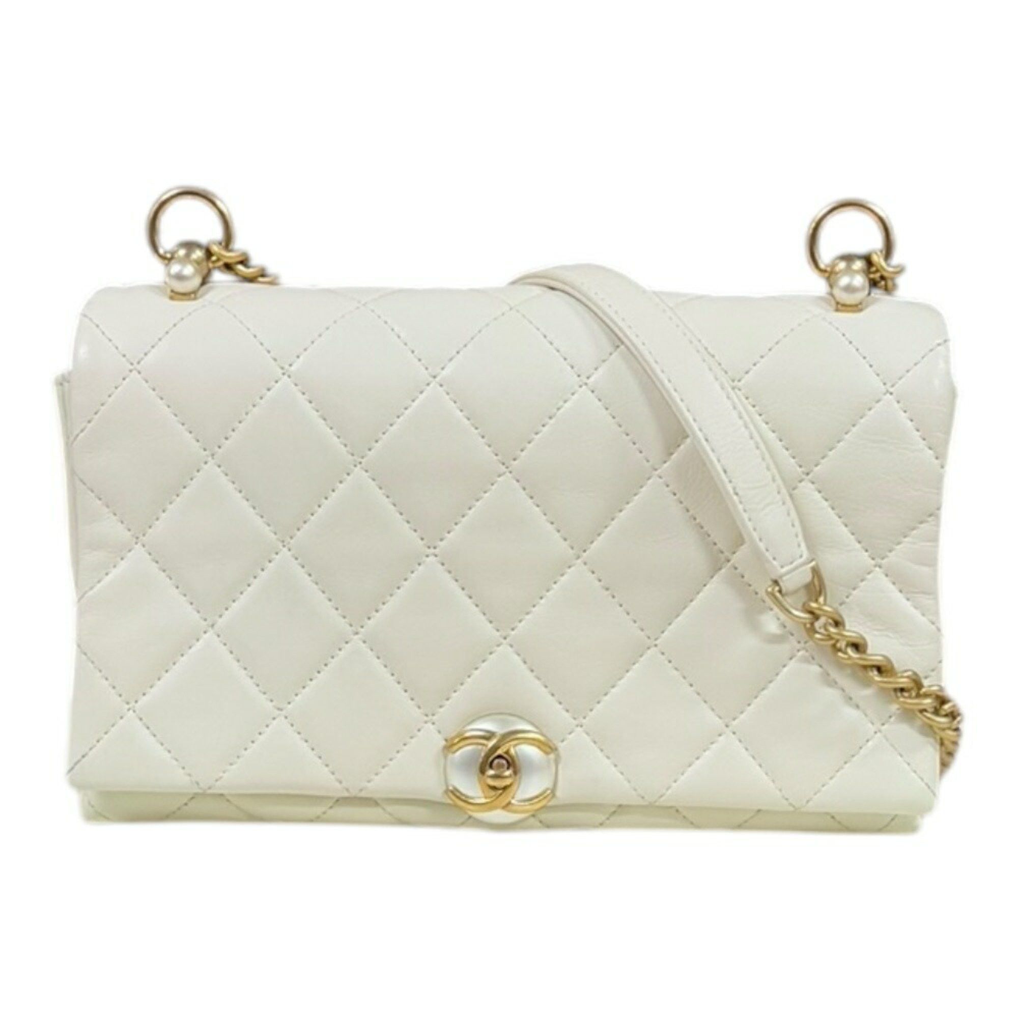 Chanel Matelasse Shoulder Bag Leather White Women's Chanel Chain