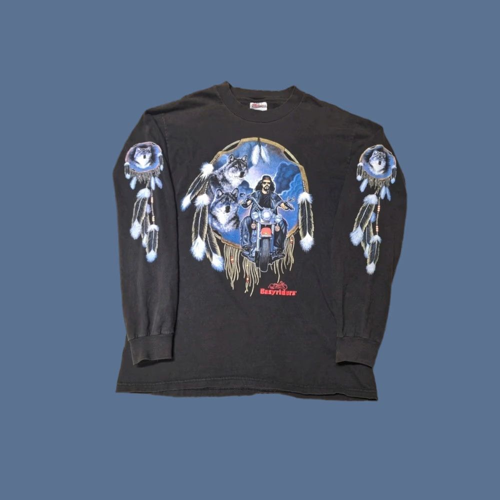 Hanes VINTAGE Easyriders Wolf Biker Shirt Long Sleeve Hanes Mens M Black Crew Neck Cotton Graphic Print Size US M / EU 48-50 / 2 - 1 Thumbnail