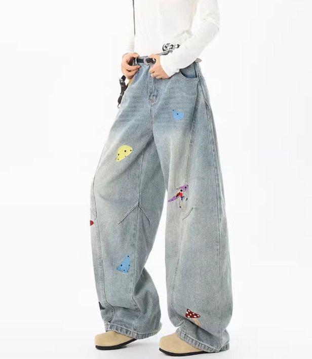 Jean High-street fun embroidered curved blade patchwork jeans Size US 32 / EU 48 - 2 Thumbnail