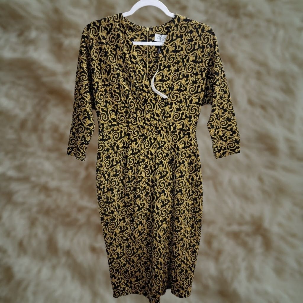 CLOSED Closet Black Gold Brocade Sheath Dress 8 NWT 3/4 Sleeve V-Neck Formal Evening Party/Cocktail Womens Size M / US 6-8 / IT 42-44 - 1 Thumbnail