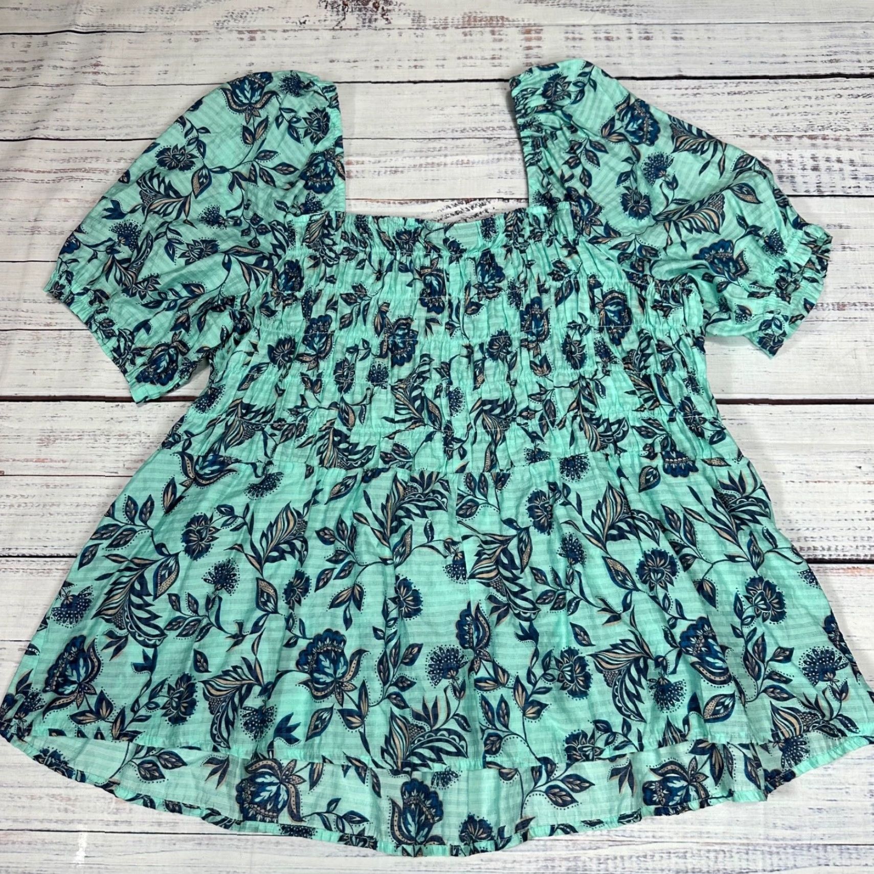 Vintage Lane Bryant Blouse Short Puff Sleeve Smocked Top Plus 24 Aqua Green Floral Pullover Women Size 4XL / US 24-26 - 5 Thumbnail