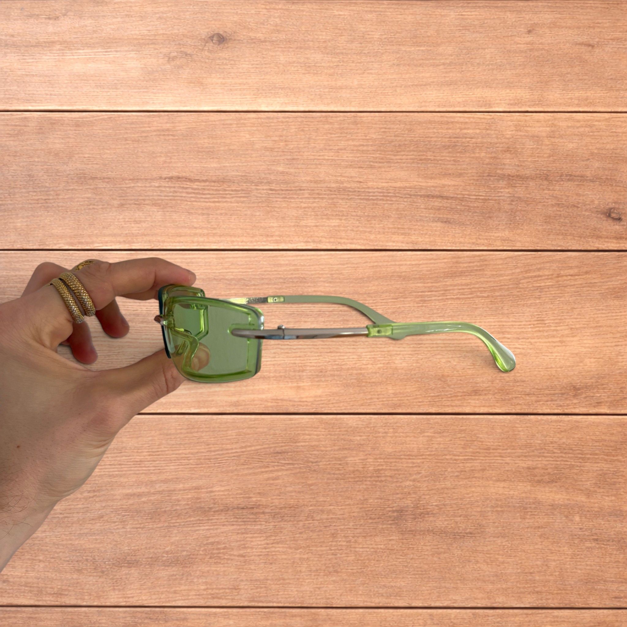Japanese Brand Rimless rectangle frame sunglasses in green and silver. Size ONE SIZE - 3 Thumbnail