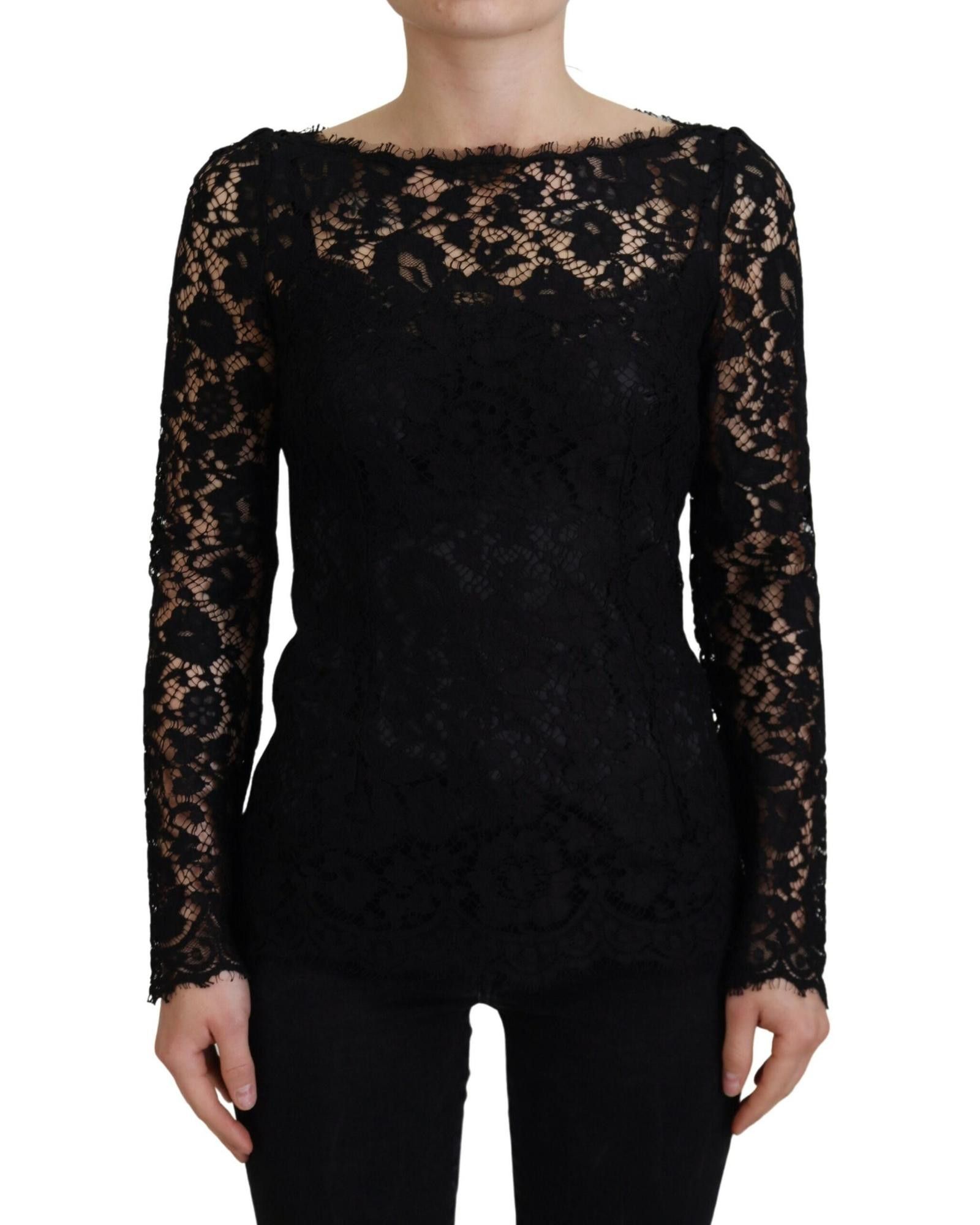 image of Dolce Gabbana Gorgeous Lace Trim Long Sleeves Top in Black, Women's (Size XS)