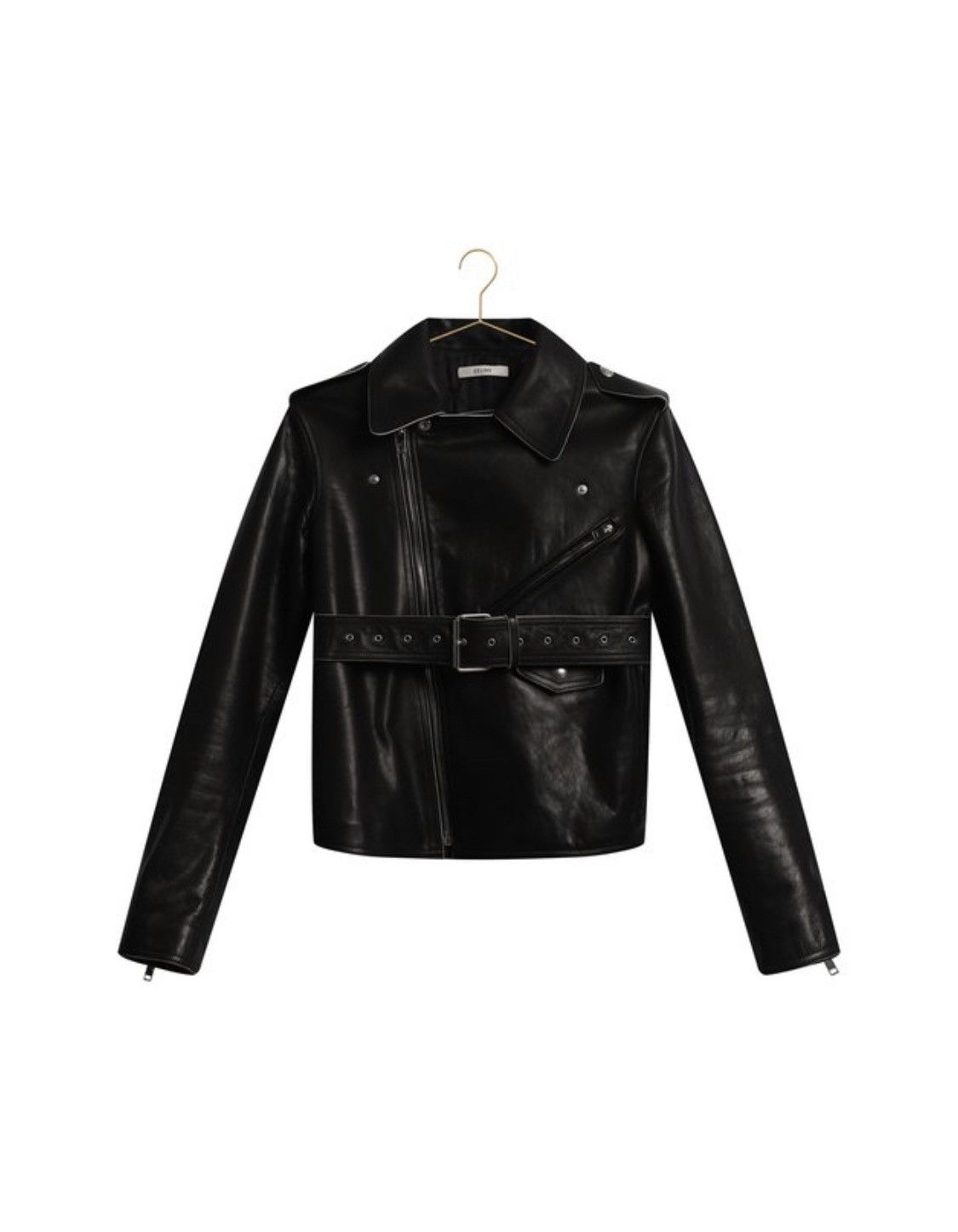 image of Celine Leather Biker Belt Detailed Moto Jacket in Black, Women's (Size XS)