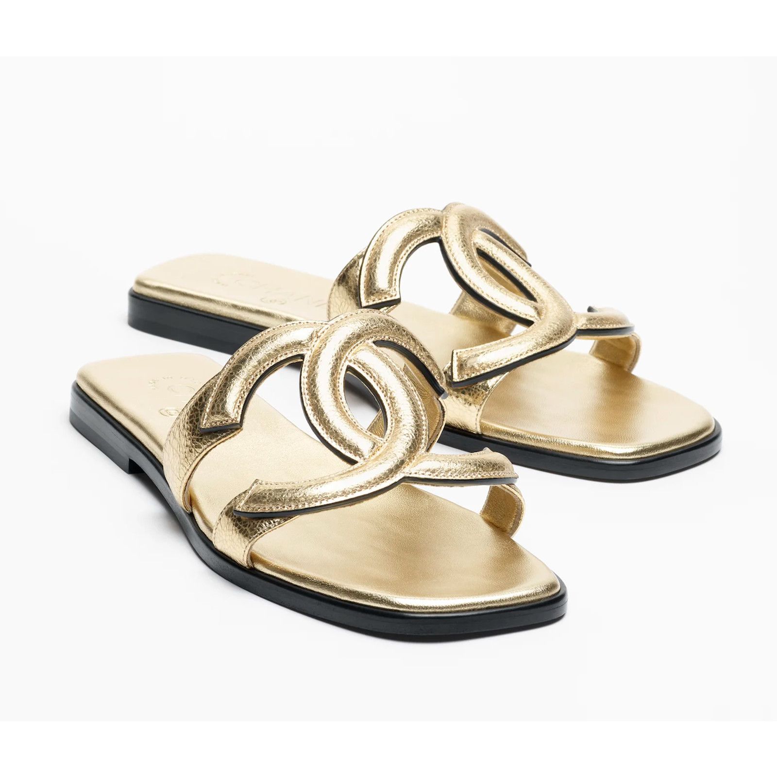 Chanel Gold Cracked Leather XL CC Logo Mules Sandals 38.5