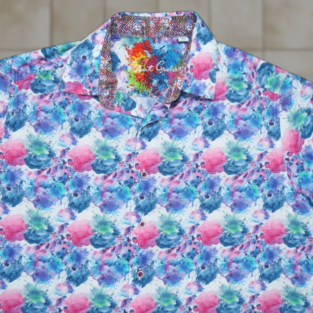 Robert Graham Robert Graham Shirt Men M Blue Pink Watercolor Classic Fit Button-Up Short Sleeve Geometric Pattern Size US M / EU 48-50 / 2 - 1 Thumbnail
