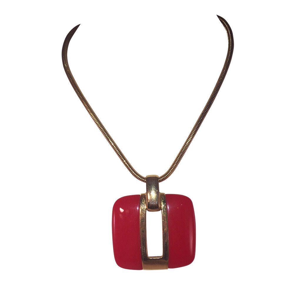 Lanvin Large Square Red and Gold Pendant Necklace