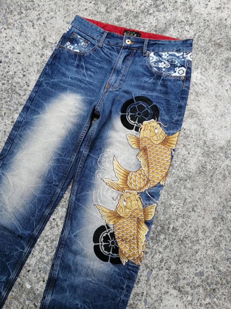 Designer × Japanese Brand Fugutaiten Wagara Koi Fish Embroidered Denim Jeans Size US 31 - 4 Thumbnail