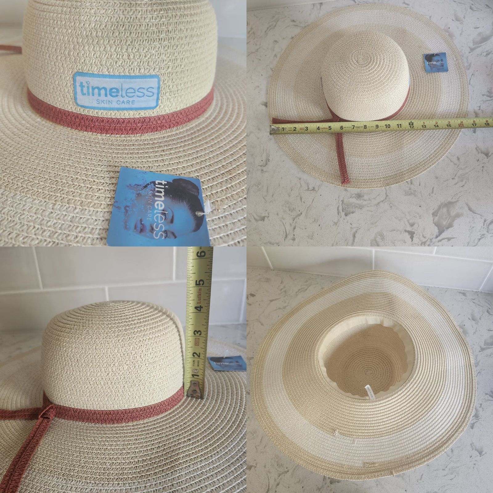 MLB Timeless Skin Care MLB LA Anaheim Angels Ladies Beige Straw Wide Brim Sun Hat Boho Baseball Logo Red Band Size ONE SIZE - 8 Thumbnail