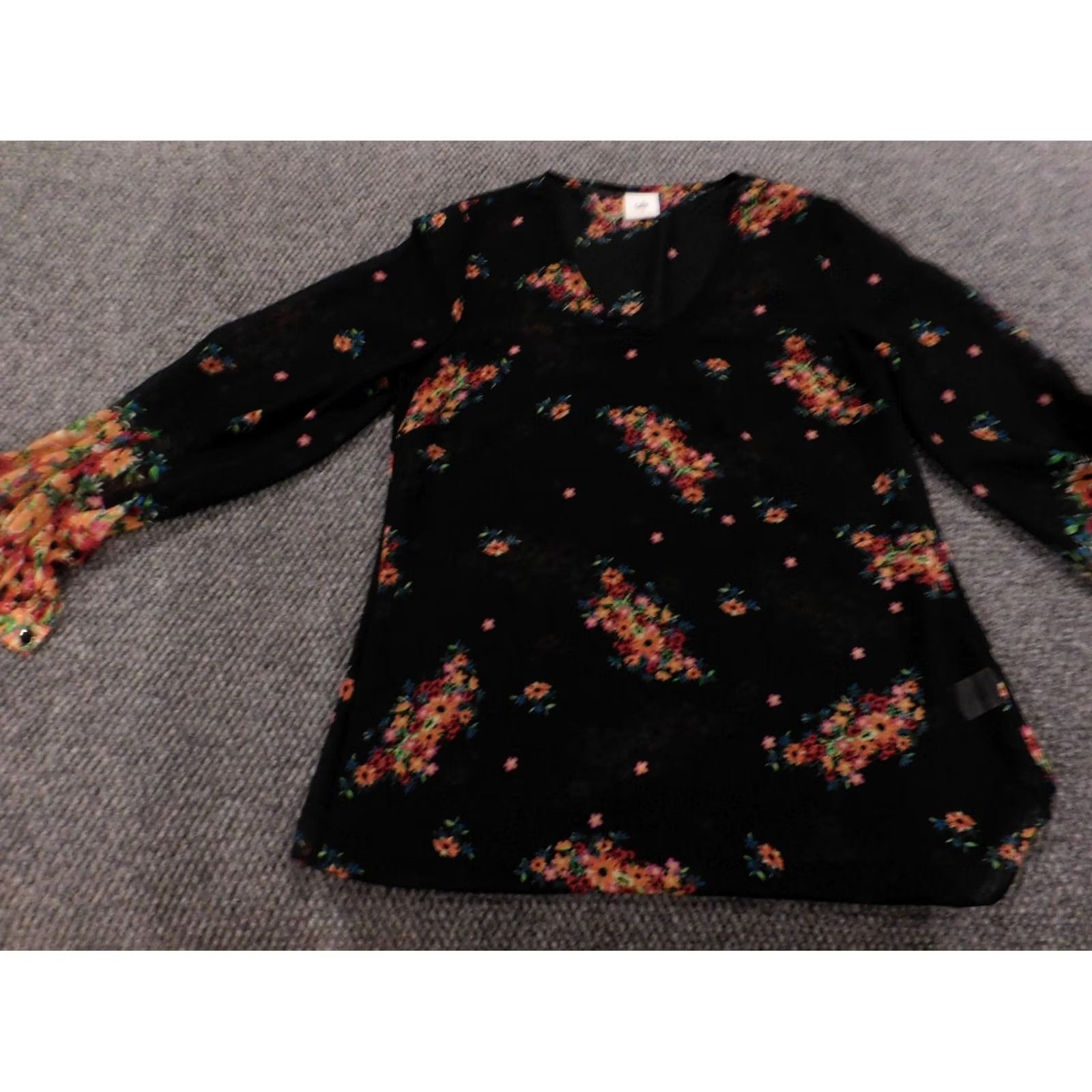 Vintage Cabi Blouse Women Small Black Floral Sheer Designer Top Stretch Crew Neck Long Sleeve Casual Shirt Size S / US 4 / IT 40 - 3 Thumbnail