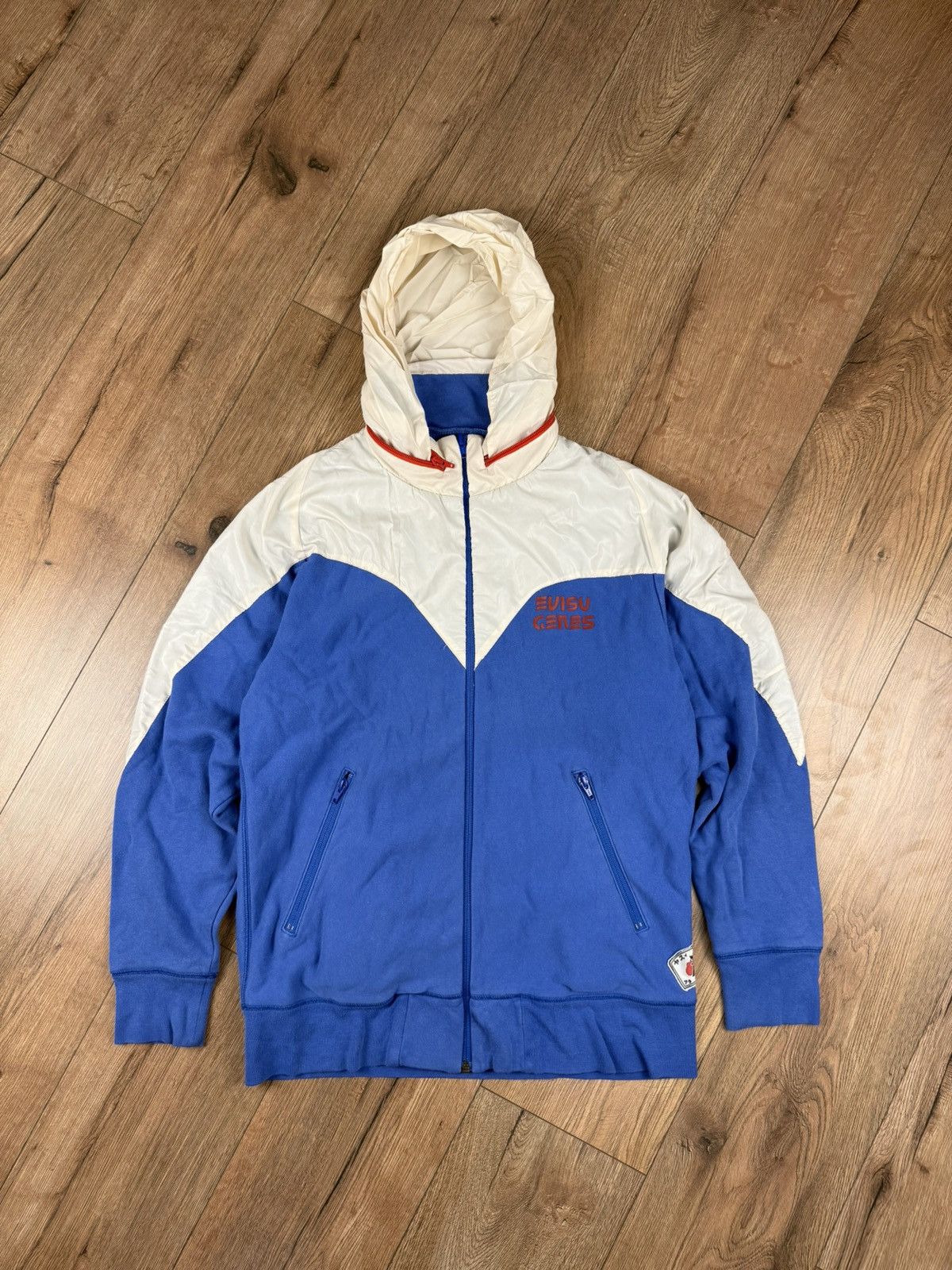 EVISU GENES Vintage Zip-Up Hoodie Jacket Blue White