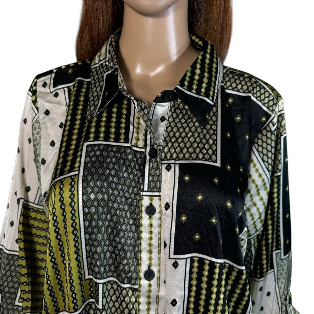 Anthropologie NWT New Fig & Flower Patchwork Roll Tab Sleeve Satin Blouse Size XXL / US 16-18 / IT 52-54 - 2 Thumbnail