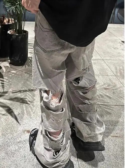 image of Distressed Denim Y2K Unisex Wide Leg Distressed Back Ripped Jeans in Grey, Men's (Size 30)