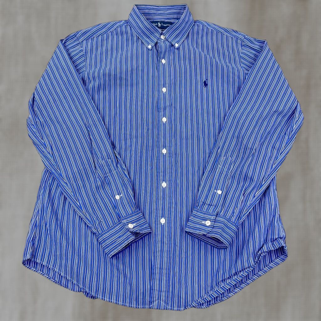 Ralph Lauren Ralph Lauren Shirt Men Large Blue Custom Fit Button Up Striped Poplin Dress A83 Size 42R - 1 Thumbnail