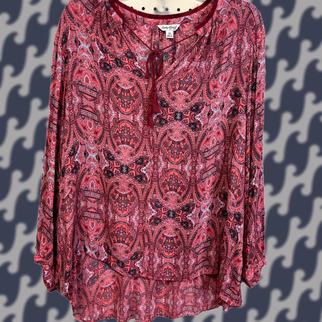 Lucky Brand Lucky Brand Boho Paisley Peasant Top Women Long Sleeve Tassel Tie Burgundy Multicolor Size XL / US 12-14 / IT 48-50 - 1 Thumbnail