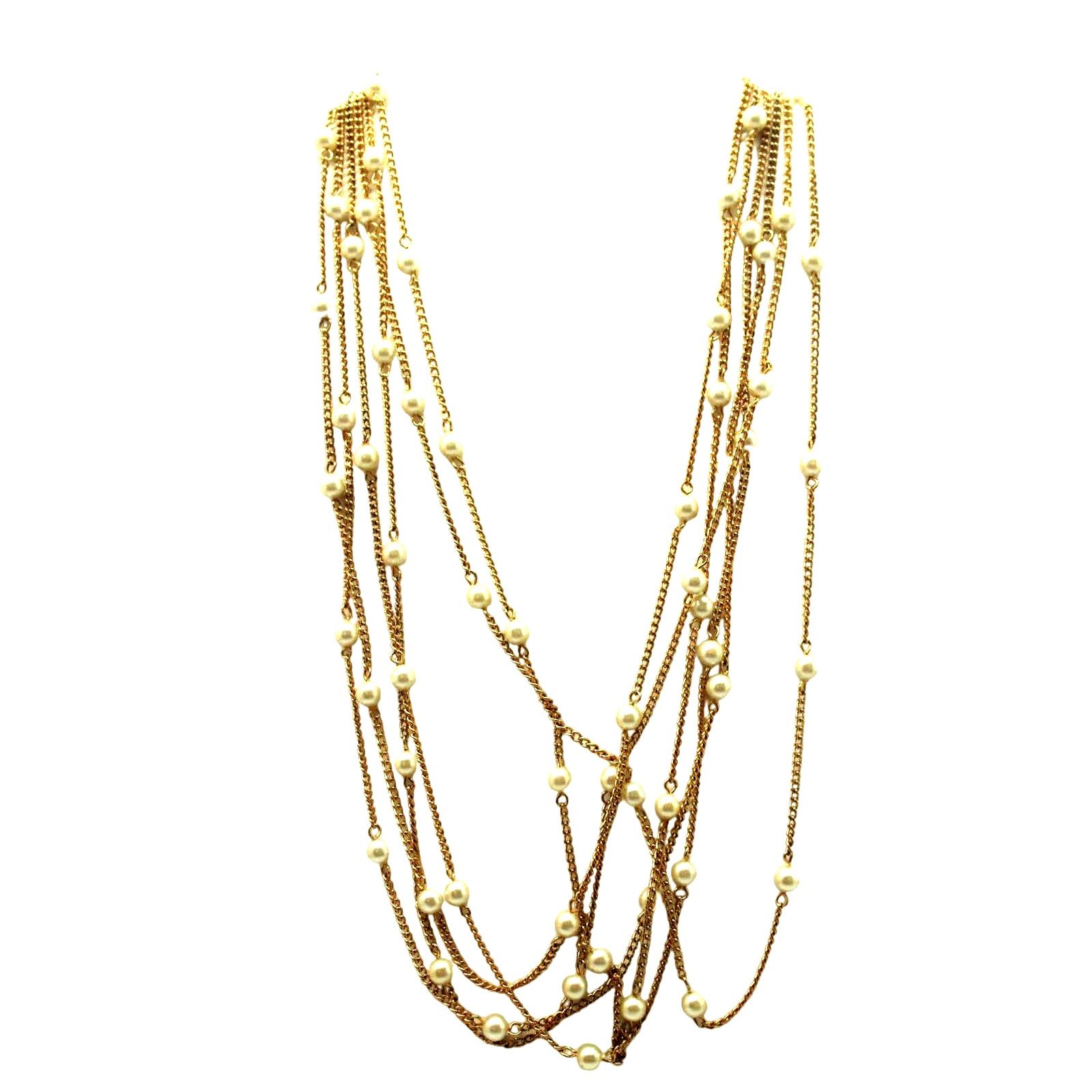 Other Six Chain Goldtone & Faux Pearl Necklace Rosette Clasp •23" Size ONE SIZE - 1 Thumbnail