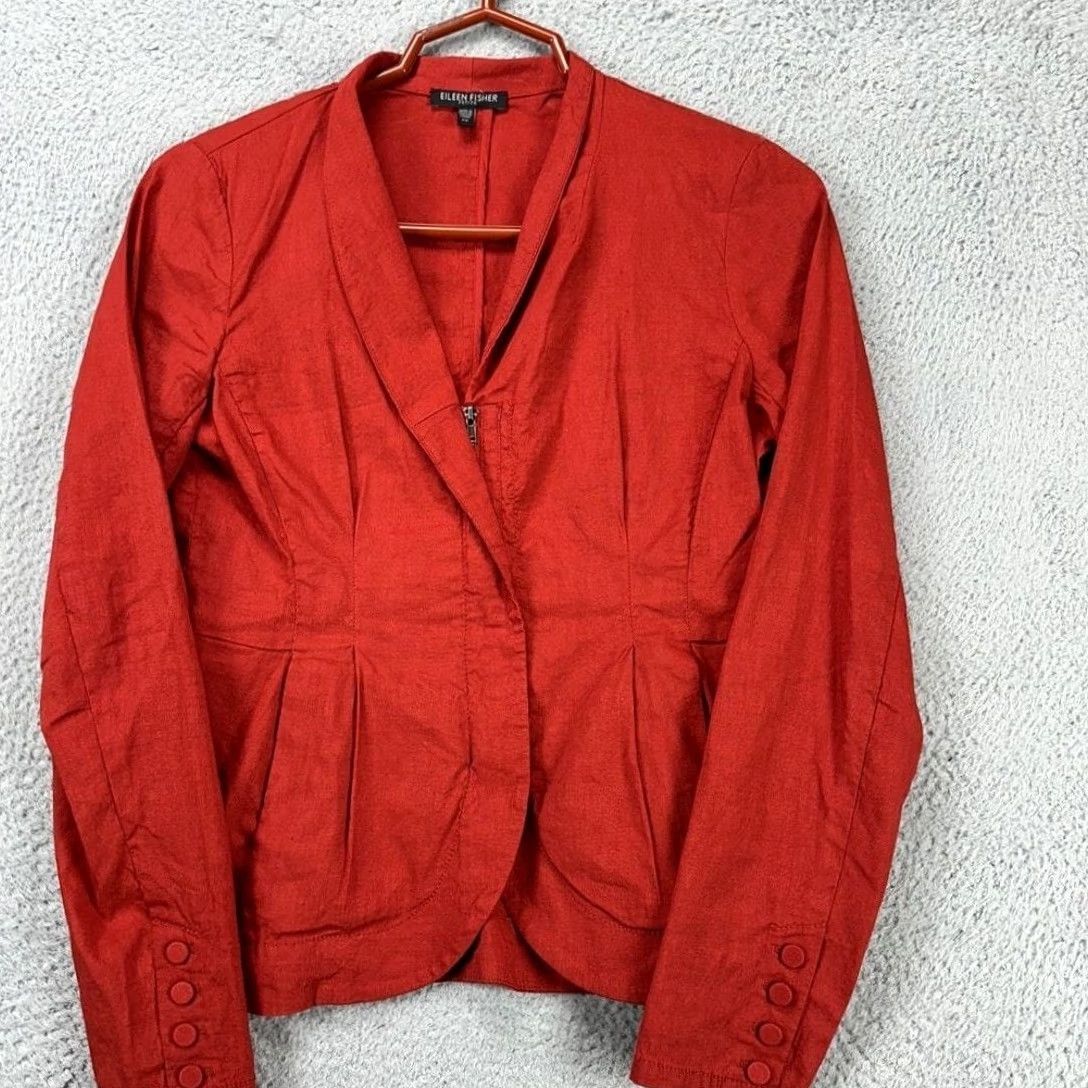 Eileen Fisher VINTAGE Eileen Fisher Blazer Shirt Womens 2P Petite Red Linen Blend Zip Up Blazer Jacket Short Sleeve Casual Business Travel Womens Size XXS / US 00 / IT 34 - 5 Thumbnail