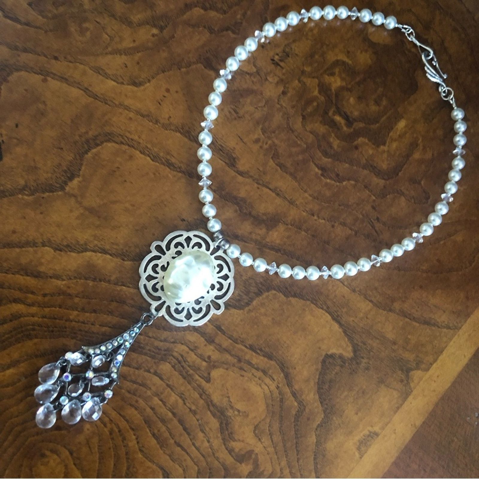 Handmade Handcrafted repurpose vintage pendant crystal pearl necklace Size ONE SIZE - 8 Thumbnail
