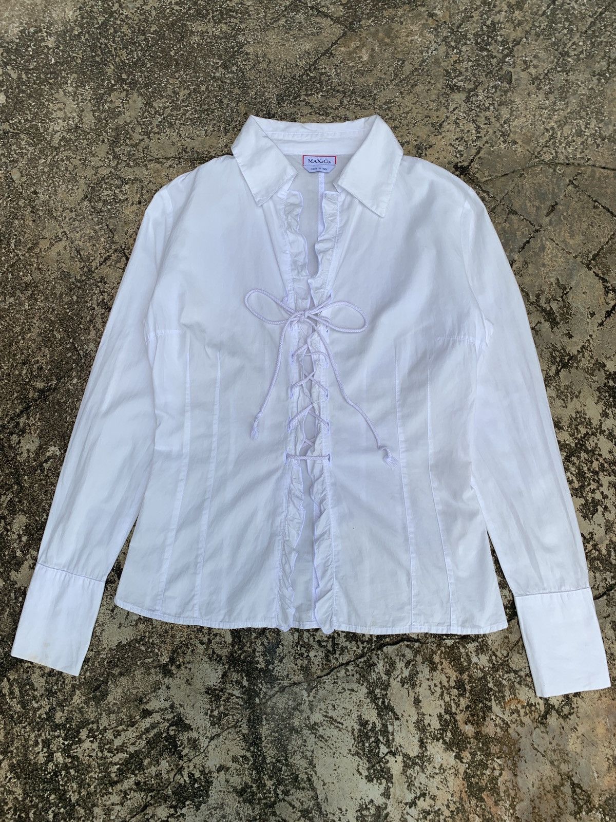 MAX&Co. Max&CO Italy Lace up White Ruffle Fitted Shirt Size L / US 10 / IT 46 - 1 Thumbnail