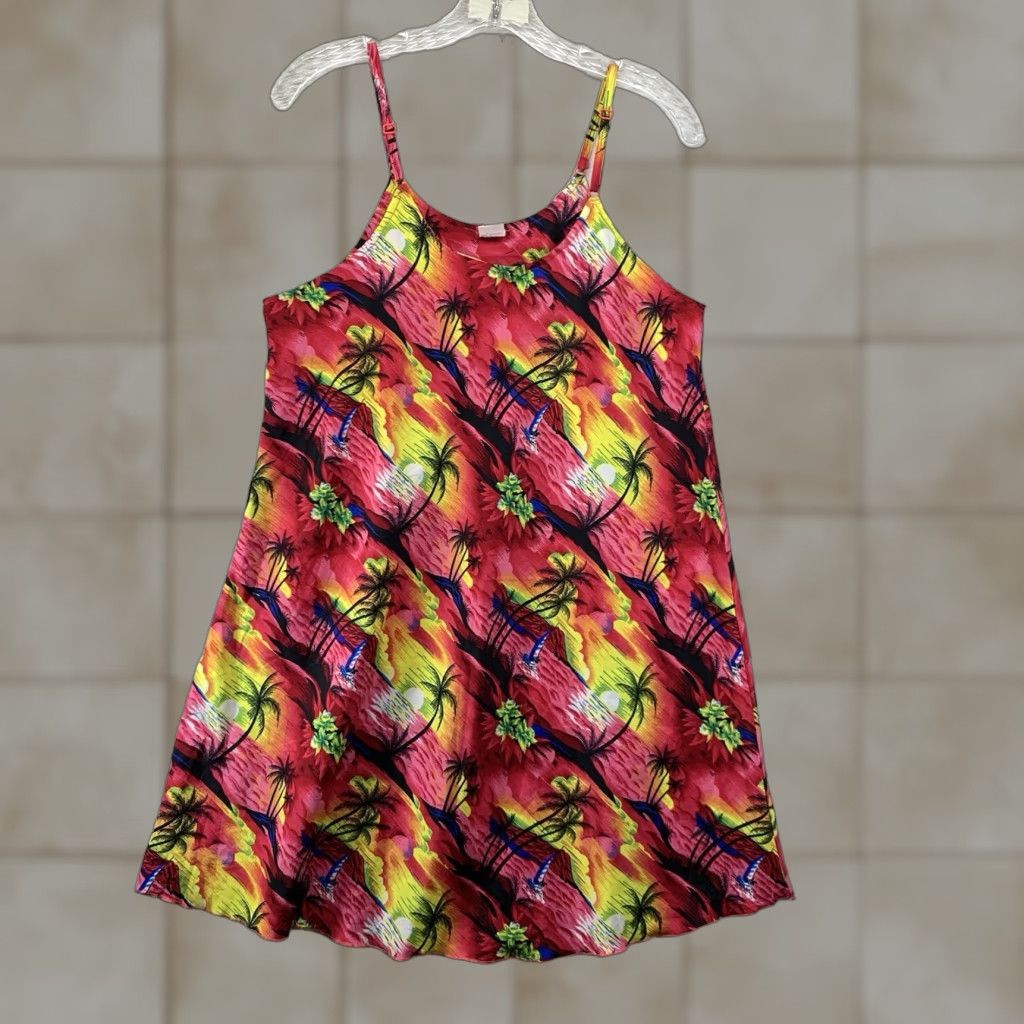 Vintage VINTAGE Creations Women's Hawaiian Top Mini Dress Sundress 70s Retro Floral Pink Sleeveless Scoop Neck Pullover Adjustable Straps Short Dress Size M / US 6-8 / IT 42-44 - 1 Thumbnail