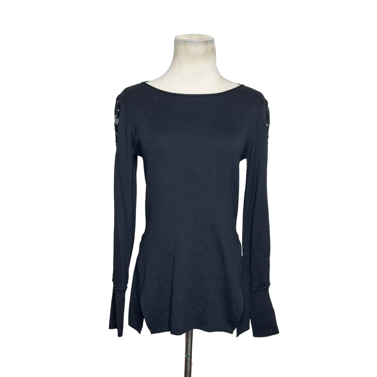 NIC+ZOE Nic+Zoe Black Flash Of Lace Boat Neck Sweater size small Size S / US 4 / IT 40 - 12 Thumbnail