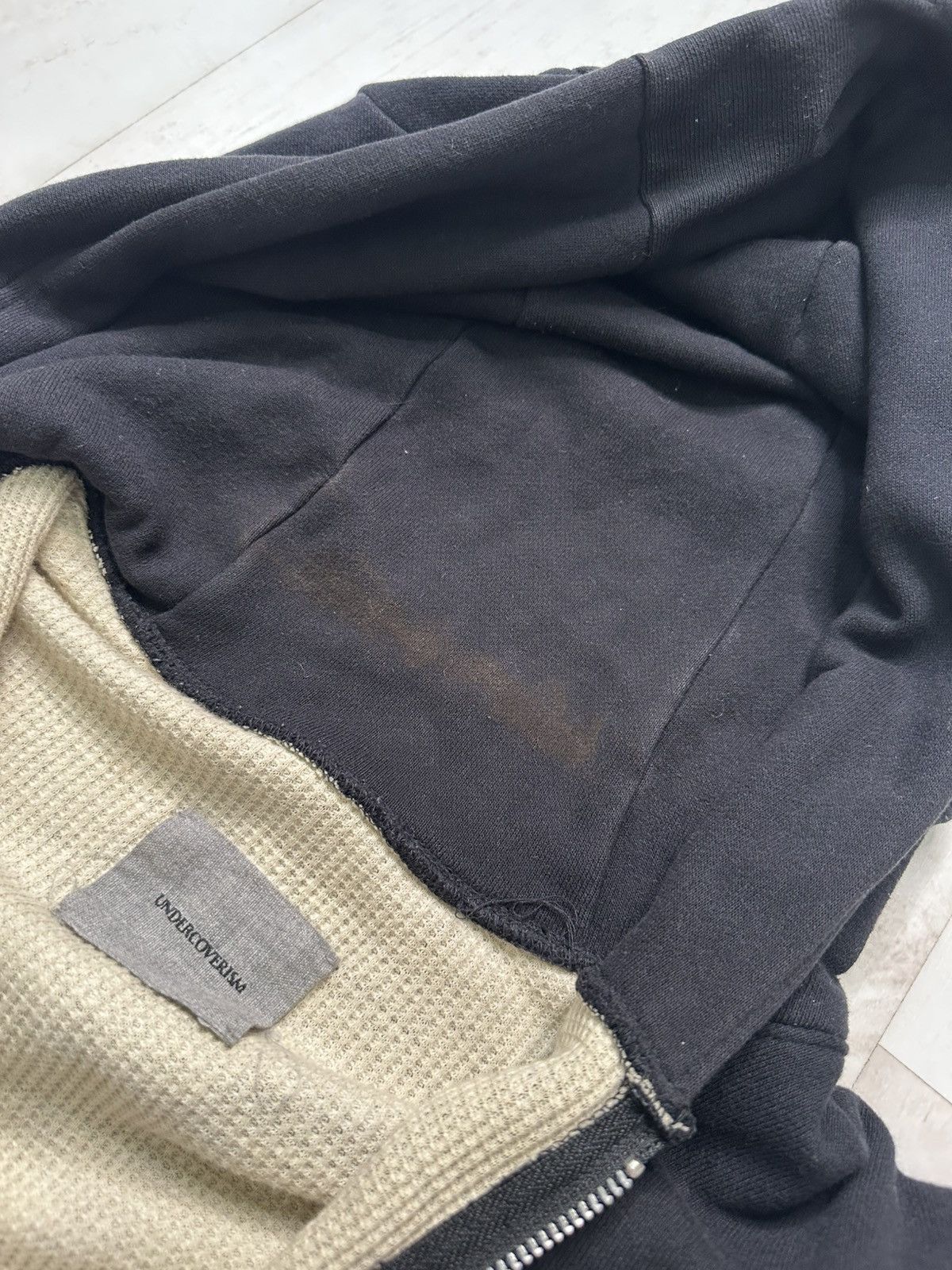 Undercover 2012 leather-sleeved hoodie J4801