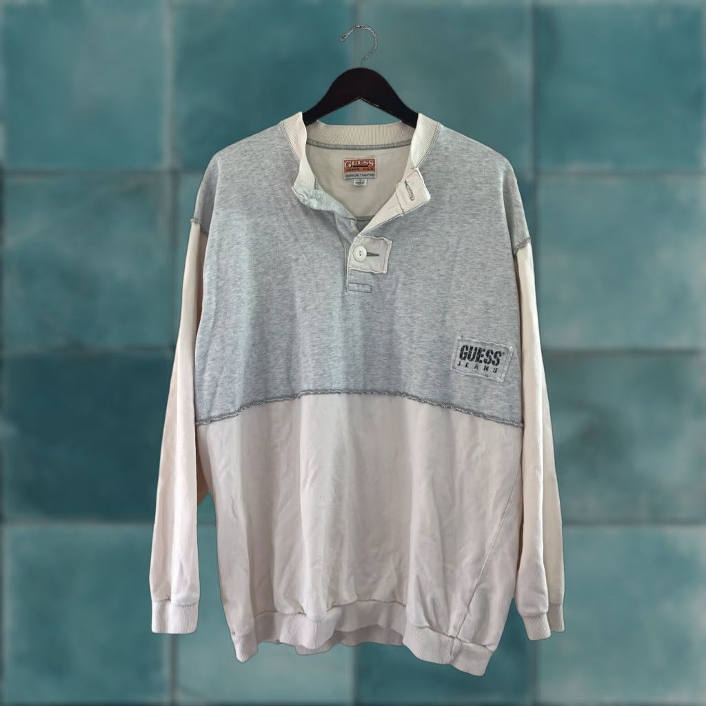 Guess VINTAGE GUESS Shirt Mens L Cotton 90s Crew Neck Sweatshirt Gray Ash 2 Button Patch Logo Pullover - 90s Decade, Cotton, Long Sleeve, Size L Size US L / EU 52-54 / 3 - 1 Thumbnail