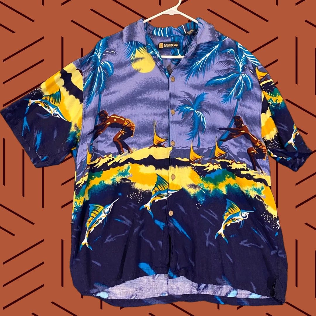 Vintage WINGO Hawaiian Shirt Mens XL Blue Floral Surfing Button Up Short Sleeve Rayon Shirt Size US XL / EU 56 / 4 - 1 Thumbnail